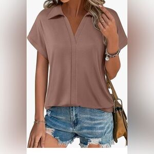 Vivilli  Medium short sleeve v-neck collared business casual tunic tan top